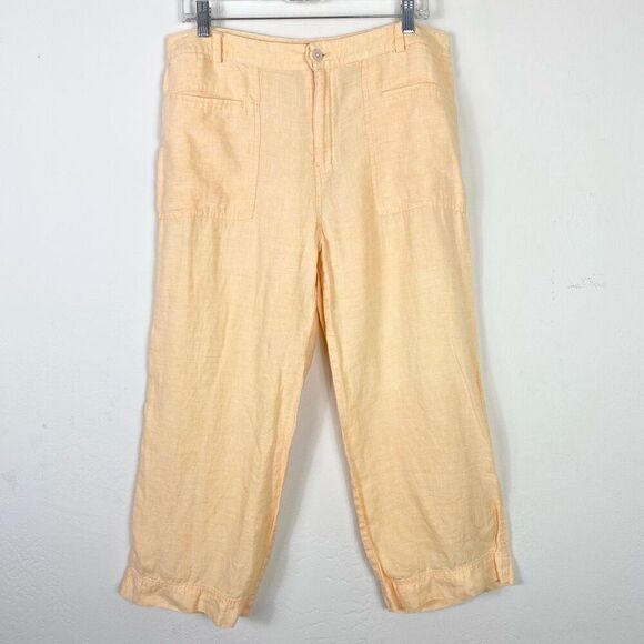 So Blue Sigrid Olsen Yellow 100% Linen Straight Leg Summer Pants Size 14 - Picture 1 of 7